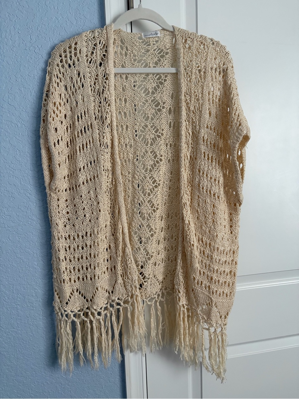 Charming Charlie Cream Crochet Fringe Open-Front Women's Sweater